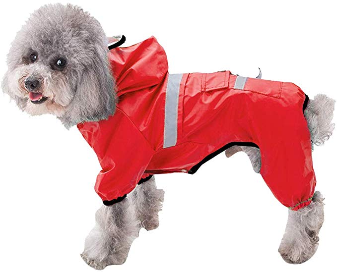 Spring Fever Pet Dog Waterproof Outdoor Pocket Hooded Raincoat Reflective Rain Jacket