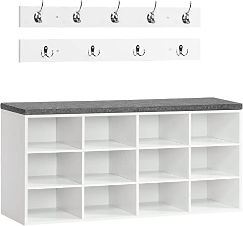 HOOBRO Coat Rack Shoe Bench with 12 Cubbies, 39.4" Hall Tree Entryway Storage Bench, Holds up to 330 lb, Shoe Rack Bench with Cushion, Storage Cabinet for Bedroom, Hallway, White and Gray WT112HX01