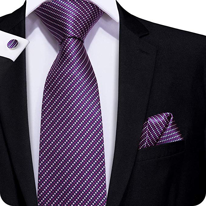 Hi-Tie Men Classic Purple Tie Handkerchief Necktie Pocket Square and Cufflinks Tie Set