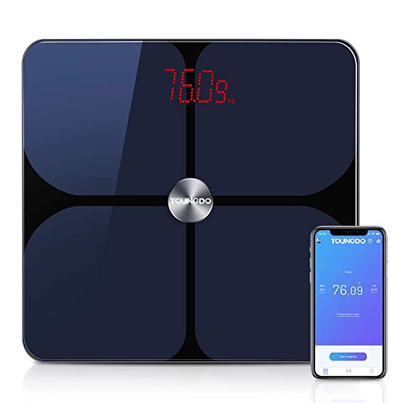 Bluetooth Body Fat Scale,YOUNGDO Digital Weight Bathroom Scales,BMI Scale 23 Body Composition Analyzer,Smart APP, 999 Users for Body Weight&Fat,Muscle Mass,Max.180kg/396lbs/28st,ITO Coated,Black