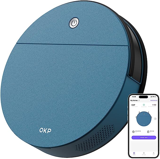 OKP Robot Vacuum Cleaner, Strong Suction Robotic Vacuums, Tangle-Free, 150 Mins Runtime, Precise Obstacle Detection, Smart Self Charging Vacuum Robot, Ideal for Pet Hair/Hard Floor/Low Pile Carpet