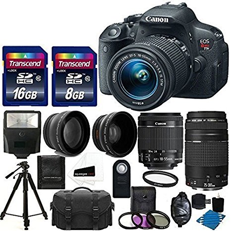 Canon EOS Rebel T5i Digital Camera HD Video & EF-S 18-55 f/3.5-5.6 IS STM Lens   75-300 f/4-5.6 III Telephoto Lens   58mm 2x Lens  Wide Angle Lens  Wireless Remote  Uv Filter Kit  24GB Complete Bundle
