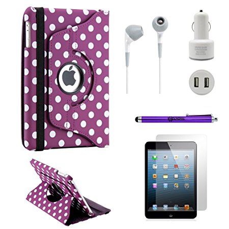 Gearonic iPad Mini 5-in-1 Accessories Bundle Purple PolkaDot Rotating Case Business Travel Combo