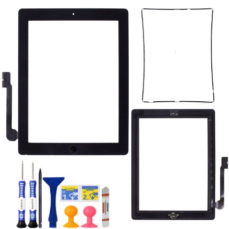Unifix-Black Touch Screen Outer Glass Digitizer Panel for iPad 4 (4th Generation) with Home Button Flex Cable OEM Replacement Assembly   Midframe Bezel   Adhesive Tape   Tool Kit