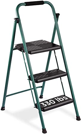 DELXO 3 Step Ladder, 2020 Upgrade Folding Step Stool with Convenient Handgrip, Anti-Slip Wide Pedal, 330 lbs Sturdy Steel Ladder, Lightweight, Portable Steel Step Stool, Green and Black
