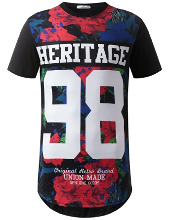 URBANCREWS Men's Hipster Hip Hop Graphic Print Mesh Trim Longline Jersey T-Shirt