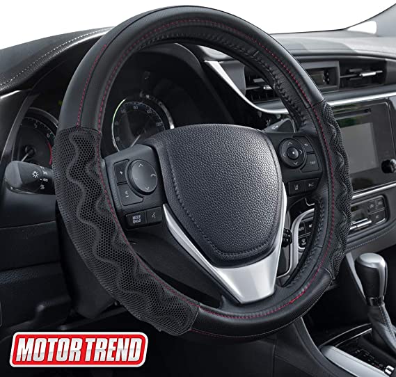 Motor Trend SW-815 Black Max Grip Steering Wheel Cover with Advanced Traction Tread and Contrast Stitching-Universal Fit for Standard Sizes 14.5 15 15.5 inches