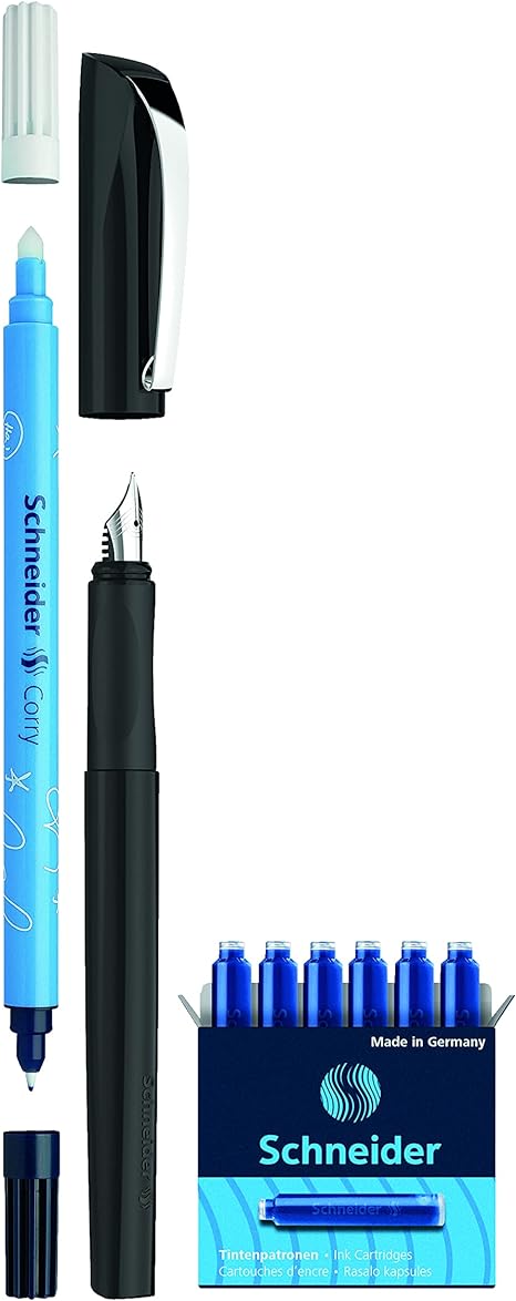 Schneider Pen, Ceod Classic, Fountain Pen (Black), Cartridge Refill (Blue Ink), Eraser, Medium (RS76851)