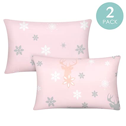 TILLYOU Toddler Travel Pillowcases Set of 2, 14x20- Fits Pillows Sized 12x16, 13x18 or 14x19, 100% Silky Soft Microfiber, Envelope Closure Machine Washable Kids Pillow Cases, Snowflakes & Reindeer