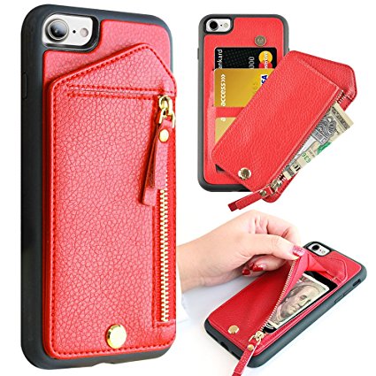 iPhone 7 Wallet Case, iPhone 8 Zipper Wallet Case, ZVE Leather Credit Card Slot Holder Cover with Zipper Wallet for Apple iPhone 7 (2016) / iphone 8 (2017) 4.7 inch - Red
