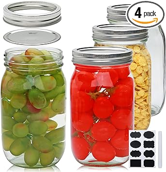 Woaiwo-q Wide Mouth Mason Jars Set, 32oz Clear Glass Jars 4-Pack for Storage, Overnight Oats, Snacks, Jam or Jelly,Canning,Fermenting,Pickling,DIY Projects