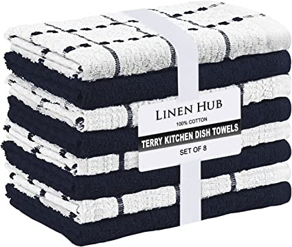 Linen Hub Kitchen Dish Towels for Drying Dishes Set of 8, Soft Absorbent Tea Towels for Kitchen Decor, Farmhouse Kitchen Towels (Blue White)
