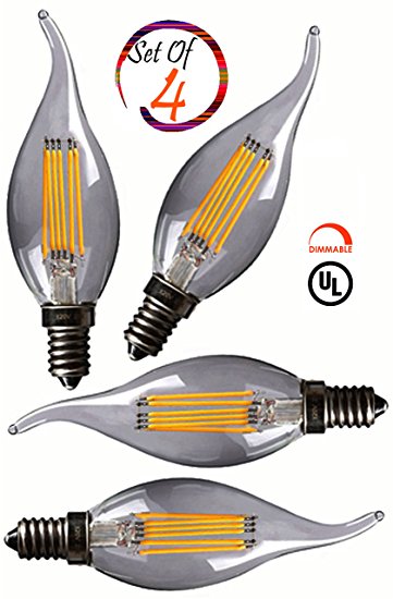 SleekLighting 6 Watt E12 LED Filament Candelabra Light Bulb,dimmable (60W Incandescent Replacement) Warm White 2700K Decorative Chandelier Flame Tip, Clear Glass Cover E12 Base 4pack