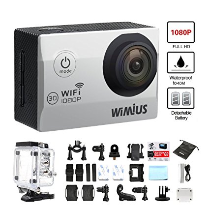 WiMiUS Q2 Waterproof Dash Camera 1080P 12M WiFi Sports Camera with 2.0" LCD Screen 170º Wide Angle Lens 30-in-1 Kit Set for Outdoor Sports and Home Security(Sliver)