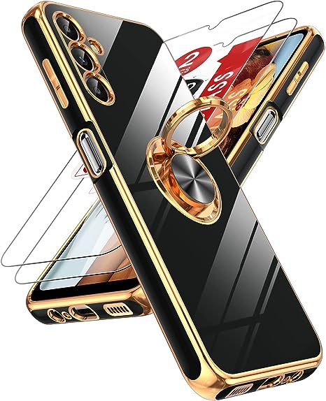 LeYi for Samsung Galaxy A14 5G Case: with 2 Pack Tempered Glass Screen Protector and 360° Rotatable Ring Holder Magnetic Kickstand, Plating Rose Gold Edge Protective Samsung A 14 5G Case, Black