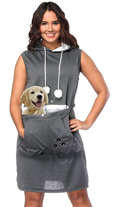 Womens Pet Carrier Dresses Kitten Puppy Holder Long Shirts Big Pouch Hood Tops