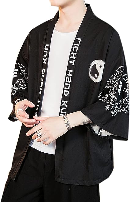 PRIJOUHE Men's Kimono Cardigan Jacket Japanese Style Flying Crane Seven Sleeves Open Front Coat