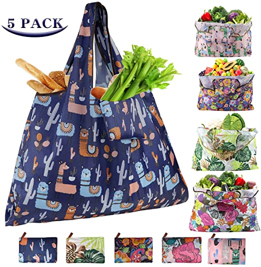 Reusable Shopping Bags Foldable 55LBS XX Large Shopping Tote Heavy Duty Washable Eco-Friendly Ripstop Cloth Reusable Bags for Shopping Groceries with Wide Handle, Alpaca Blossom Leaf Pattern