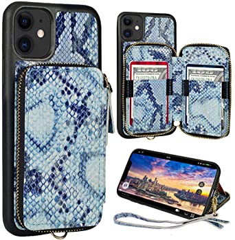 iPhone 11 Wallet Case,ZVE iPhone 11 Case with Credit Card Holder Zipper Wallet Case with Wrist Strap Protective Purse Leather Case Cover for Apple iPhone 11 6.1 inch - Blue Snake Skin