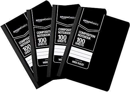 AmazonBasics Wide Ruled Composition Notebook, 100-Sheet, Solid Black, 4-Pack