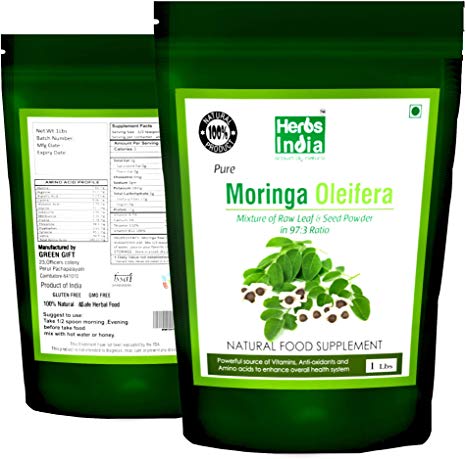 Moringa Powder - Leaf and Seed Powder in (97:3) Ratio - All Natural No Preservative - HerbsIndia (Pack of 1 X 1 Pound)