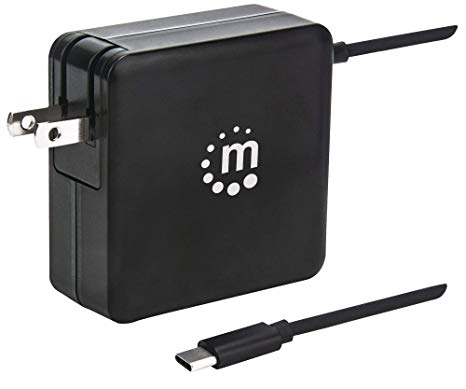Manhattan Power Delivery Wall Charger with Built-in USB-C Cable – 60 W USB-C Power Delivery Connector (Up to 60 W), USB-A Charging Port (Up to 2.4 A), Black