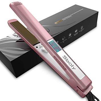 Sboly Professional Flat Iron Hair Straightener with 1 Inch Titanium Iron Plates - Adjustable Temperature, LCD Digital Display, Dual Voltage Compatible 100V-240V, Long 360 Degree Swivel Cord