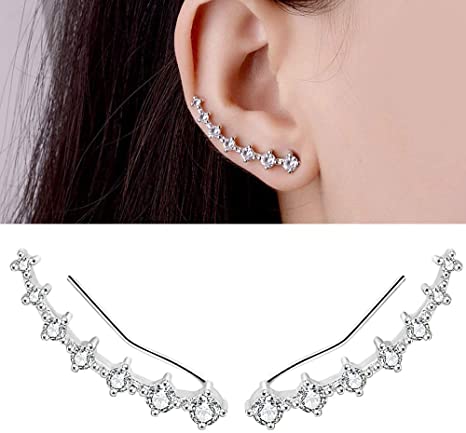 7 Crystals Ear Cuffs Stud Climbers Earrings S925 Sterling Silver Hypoallergenic Arete
