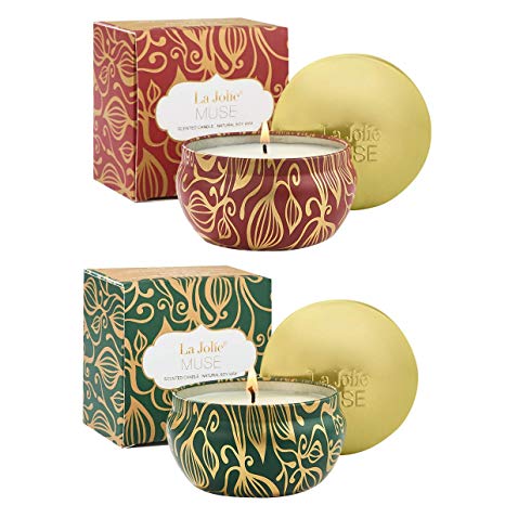 LA JOLIE MUSE Scented Candles Set 2 Pumpkin Cinnamon& Cedarwood Fir, Natural Soy Wax, Fall Winter Gift Collection