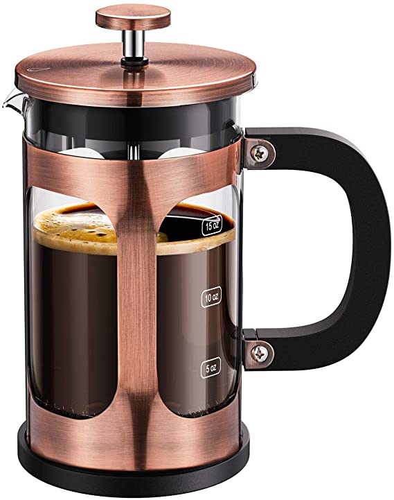BAYKA French Press Coffee Tea Maker, 304 Stainless Steel Coffee Press with 4 Level Filtration System, Heat Resistant Thickened Borosilicate Glass, 21 Ounce, Copper