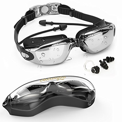Swim Goggles-Merssyria Swimming Goggles With UV Protection, One-piece Style Earplugs Type,Swim Goggles With Waterproof and Anti-fog Lenses,Non Leaking With Free Protection Case for Adult Women and Men (Black)