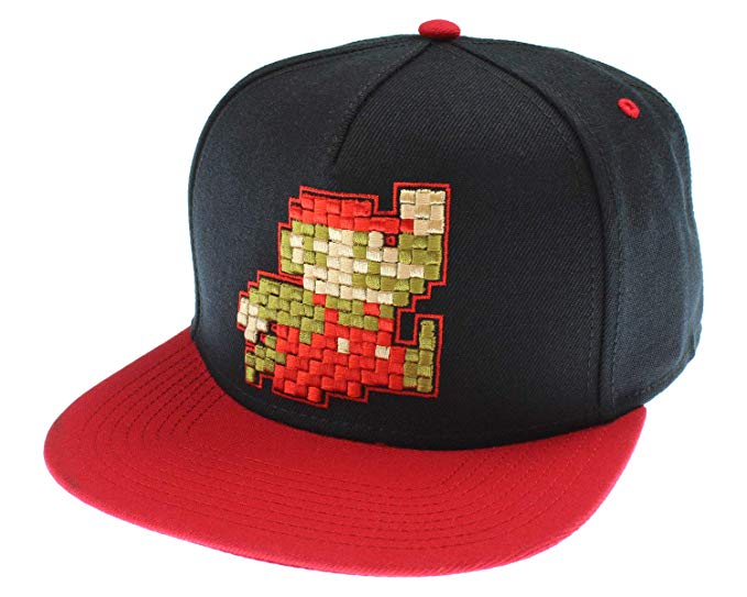 Nintendo Super Mario Hat Pixel Mario Character Black Snapback Hat - One Size