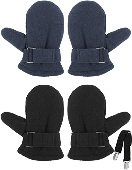 Cooraby 2 Pairs Toddler Kids' Sherpa Lined Mittens Baby Boys or Girls Winter Gloves with Adjustable Mitten Clips