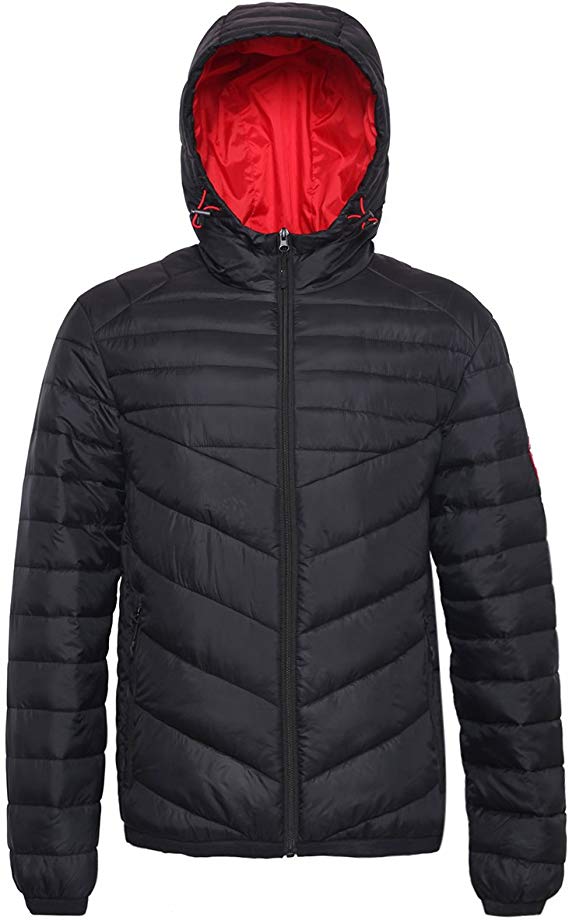 Rokka&Rolla Men's Lightweight Water Resistant Hooded Quilted Poly Padded Puffer Jacket Coat