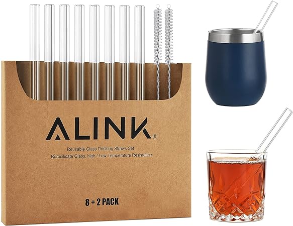 ALINK Short Glass Straws, 6 in x 10 mm Clear Straws for Cocktails, Whiskey, Coffee, Pack of 8 with Cleaning Brush