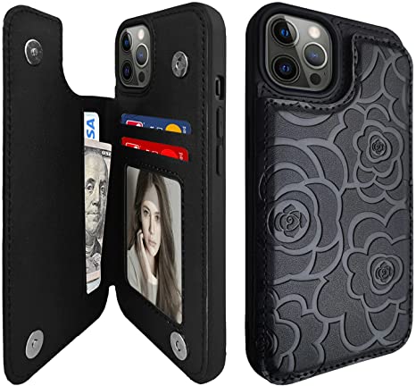 FLYEE Case Compatible with iPhone 13 Pro(2021 Release),Convertible Stand Flowers Wallet Case for Women and Girls with Card Holder,Embossed Flowers Floral Protective Leather Flip Case-Black