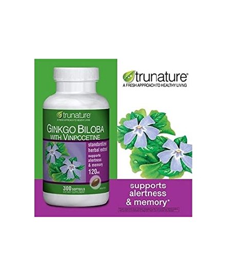 Trunature Ginkgo Biloba with Vinpocetine 300 Softgels 120 mg Gingko Biloba with 5 mg Vinpocetine Standardized Herbal Extract