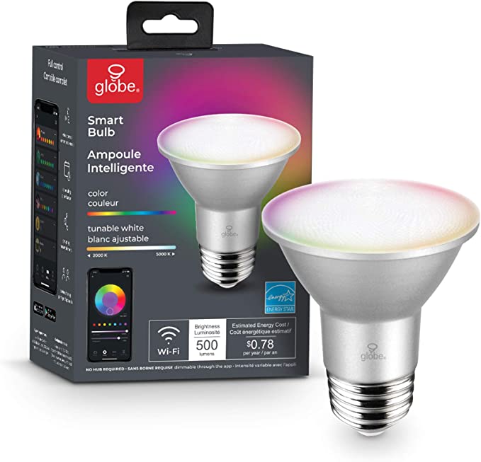 Wi-Fi Smart 6.5 Watt (50W Equivalent) Multicolor Changing RGB Tunable White LED Light Bulb, No Hub Required, Voice Activated, 2000K - 5000K, Energy Star, PAR20 Shape, E26 Base