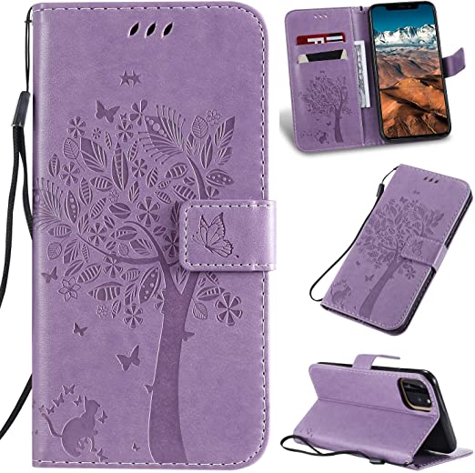 iPhone 11 Case with Screen Protector,iPhone 11 Wallet Case,Flip Case PU Leather Emboss Tree Cat Flowers Folio Magnetic Kickstand Cover Card Slots for iPhone 11 Light Purple