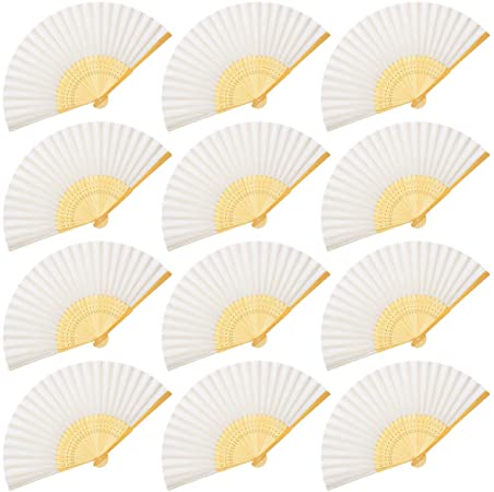 OMyTea Folding Hand Held Fans for Women - 12pcs Chinese Japanese Handheld Silk Bamboo Fans - for Wedding Guests, DIY Decoration, Performance, Dancing, Church, Party Favors, Festivals Gifts (White)