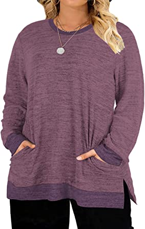 DOLNINE Womens-Plus-Size-Sweatshirts Long Sleeve Tops Side Split Tunics with Pockets