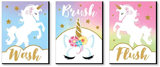 Big Dot of Happiness Rainbow Unicorn - Kids Bathroom Rules Wall Art - 7.5 x 10 inches - Set of 3 Signs - Wash, Brush, Flush