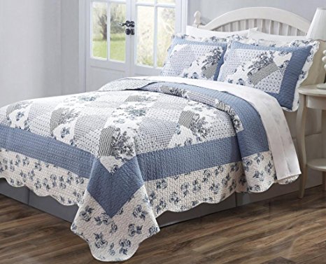 3 PCS Quilt Bedspread Coverlet Blue and White Floral Patchwork Design High Quality Microfiber Full Size