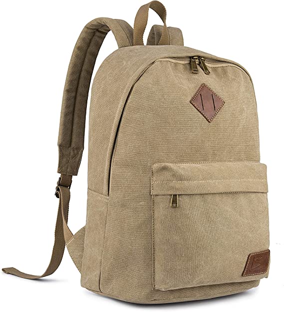 Canvas School Laptop Backpack , Durable Rucksack, Travel Notebook Bag, for Men Women Khaki