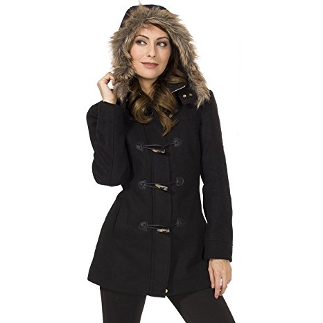 Alpine Swiss Duffy Women's Wool Coat Fur Trim Hooded Parka Jacket