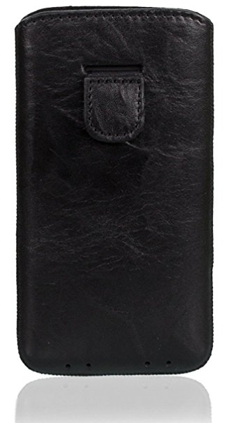 MediaDevil Google Nexus 5 2013 (WHITE or RED phone ONLY) Leather Case (Black with Black stitching) - Artisanpouch Genuine European Leather Pouch Case with Pull-Tab