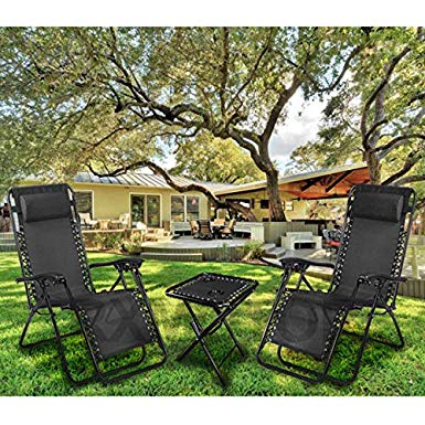 Rxmoto Zero Gravity Chairs Table with Cup Holder Set 3 Pieces Adjustable Folding Lounge Recliners with Head Rest Pillow for Patio Outdoor Yard Beach Pool Support 350lbs (Cream) (Black.)