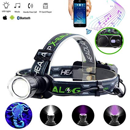 LED Rechargeable Headlamp flashlight With Wireless Bluetooth Speaker,for Camping, Running, Hiking and Reading，LED Headlight Can read micro sd card and USB，Wireless Link Phone to Listen to Mp3 Music