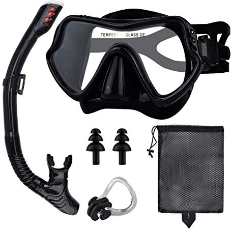 Snorkel Mask Set, Anti-Fog Freediving Mask & Dry Snorkel, Free Breathing Anti-Leak Dry Top Snorkel, Professional Snorkeling Gear for Adults Swimming Snorkeling Diving Sea