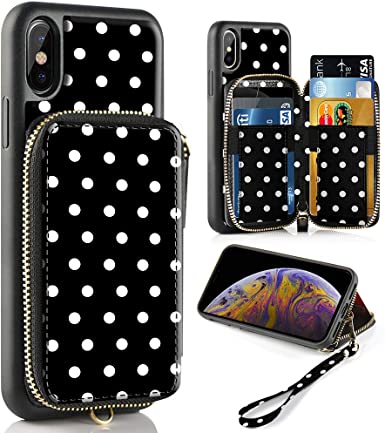 iPhone Xs Max Case, iPhone Xs Max Wallet Case with Credit Card Holder Slot Leather Wallet Zipper Pocket Purse Handbag Wrist Strap Case for Apple iPhone Xs Max - 6.5 inch 2018 - Polka Dots